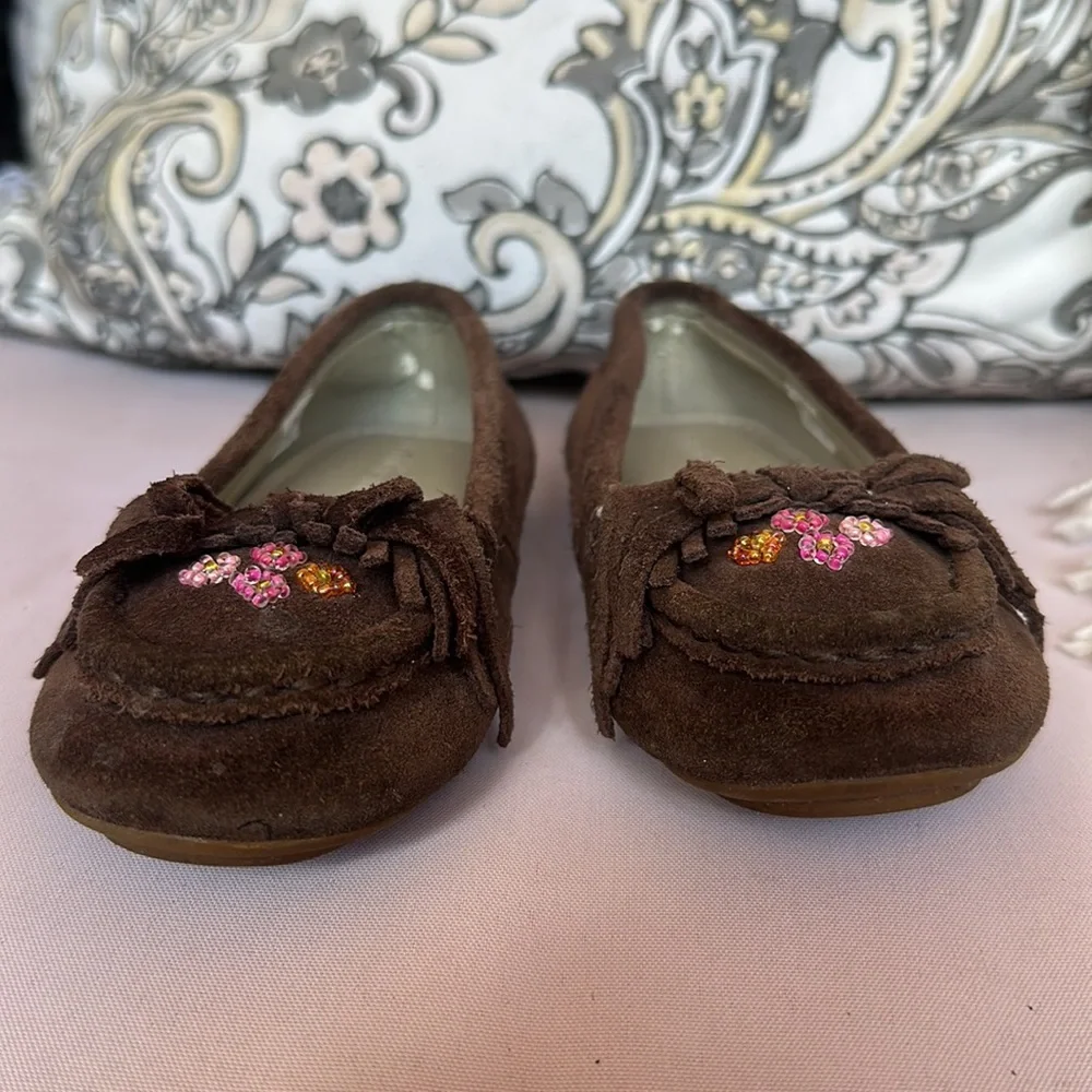 Stride Rite Keller Toddler Girls 9M Brown Suede Moccasins Pink Beaded Fringe